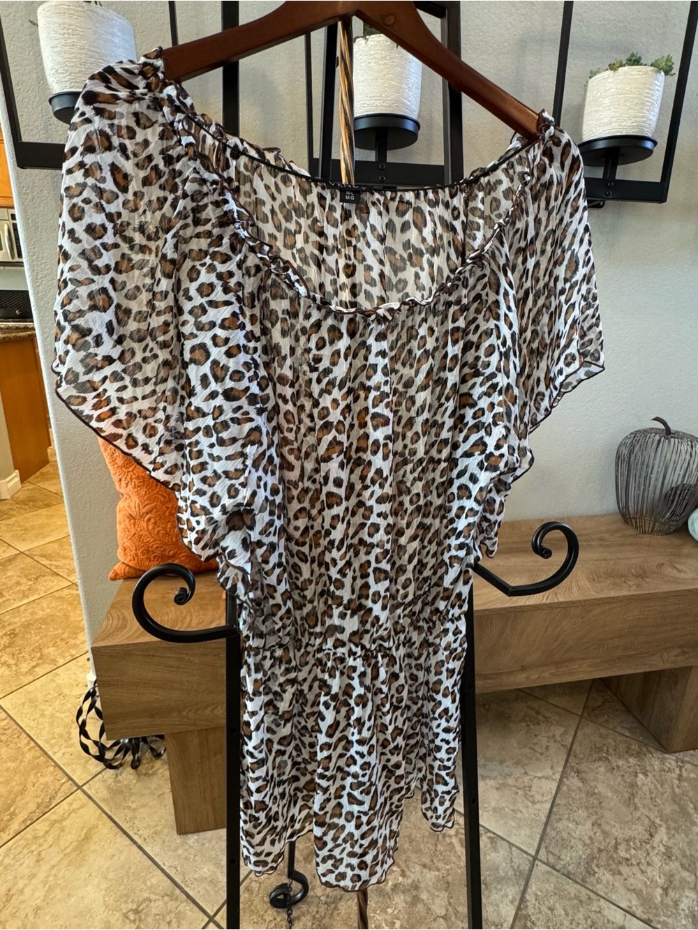 VENUS Leopard Print Ruffle Neck Blouse - Brown Black Cream